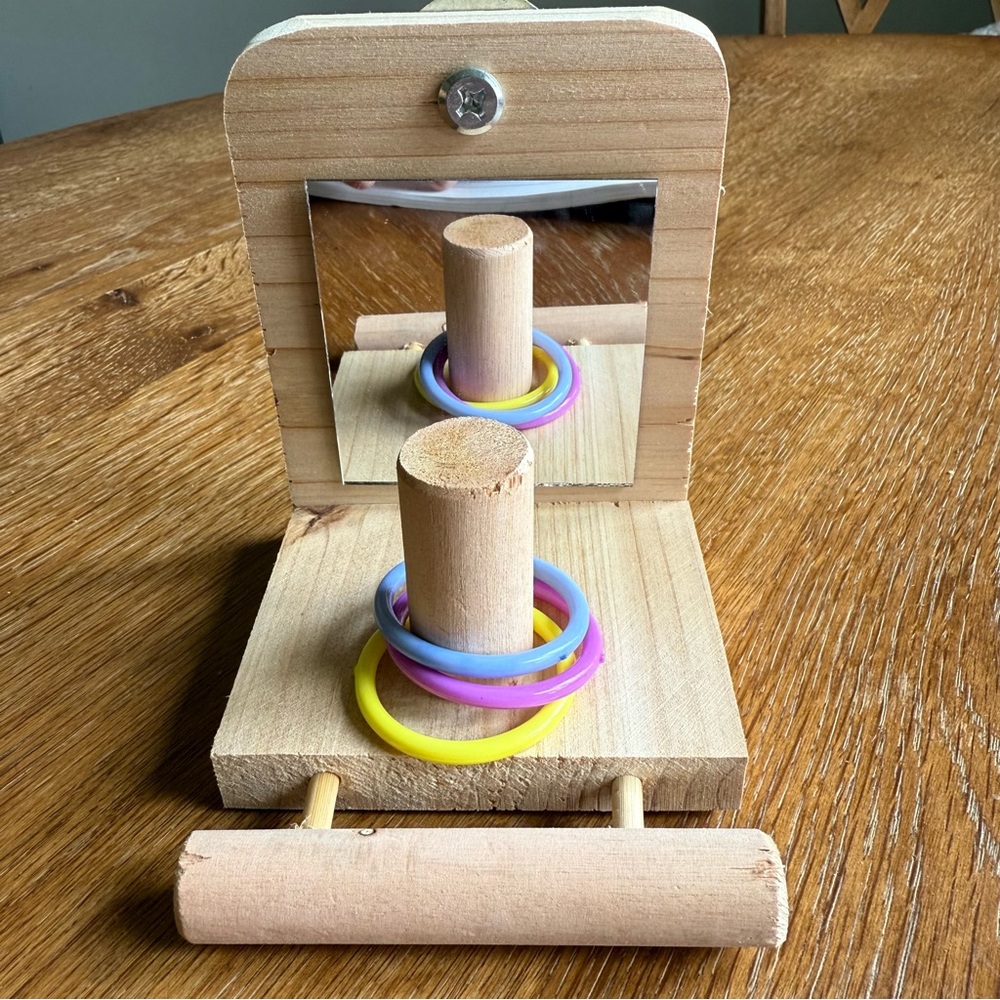 Wooden Ring Stacking Bird Toy with Mirror for Finches and Canaries NEW